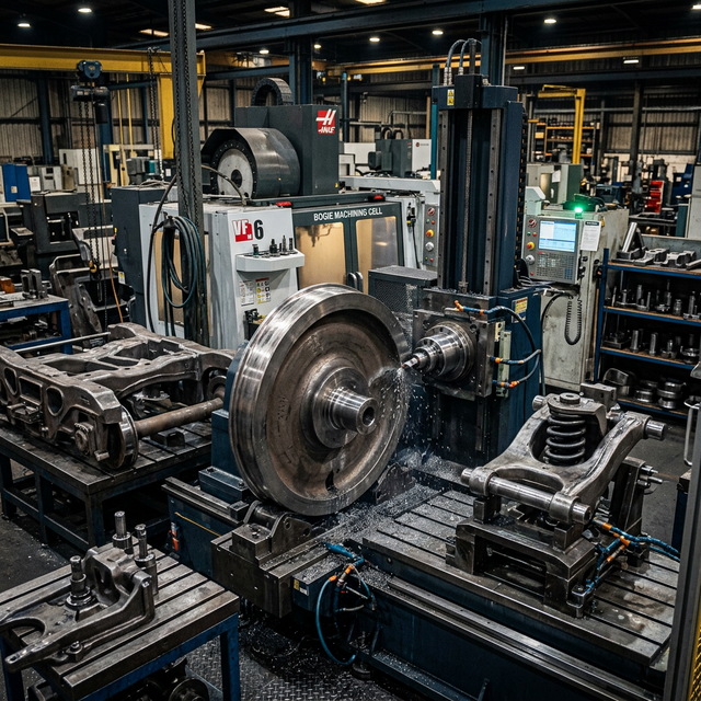 Close-up of precision engineering components for train manufacturing including steel wheels bogies and suspension systems being machined in a factory with CNC machines and precision tools visible